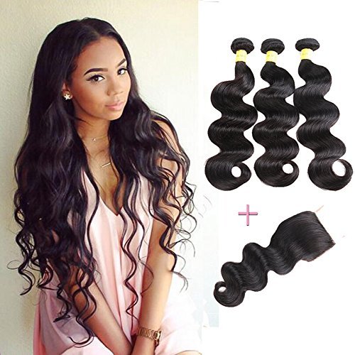 YePei Brazilian Virgin Body Wave 3 bundles With Free Part Closure Natural Color 100% Unprocessed Human Hair Weave Weft with Lace Closure(12 14 16 with 12 free)