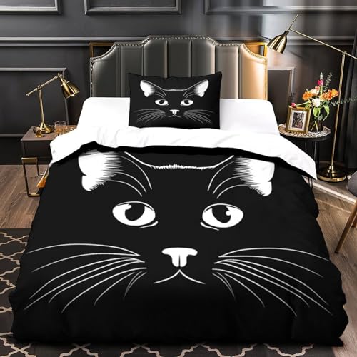 Housse de couette chat 3D parure de lit simple microfibre 135x200cm douce - 3