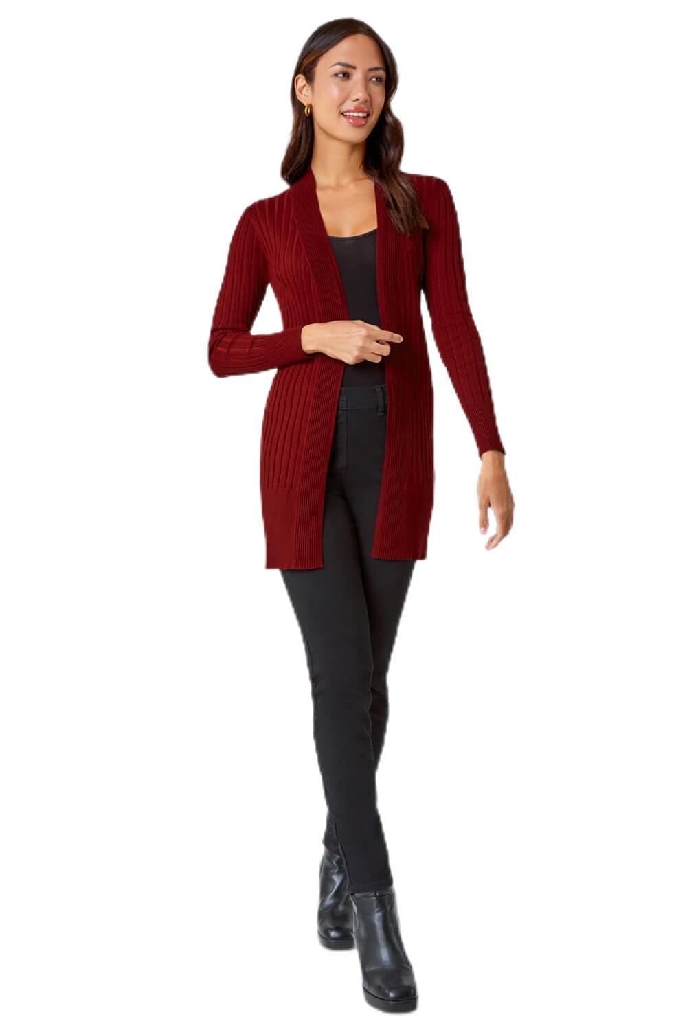 Roman Originals Women's Wine Ribbed Edge To Edge Cardigan For Uk - Autumn Everyday Winter Holiday Pull-On Long Sleeves Comfy Soft Vacation Work - Size 10