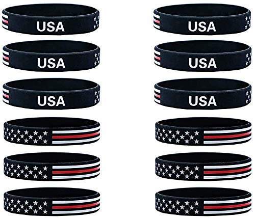 Lymhy12 Pack American Flag Bracelet, Thin Red Line Rubber Wristbands USA Silicone Bracelet Patriot Gift