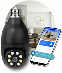 Câmera de Segurança Preta, Bocal, Lâmpada, IP WiFi 360º, Visão Noturna, Sensor Movimento, Com Áudio, Areas Externas e Internas, Camera para Celular