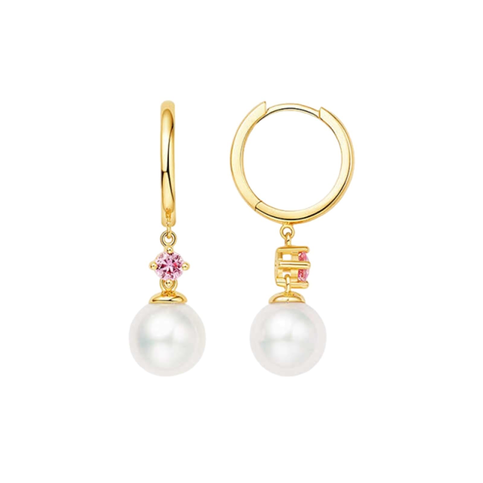 9K/14K/18K Gold Ohrringe Creolen Hängend, Perle 7.5-8mm Pinker Saphir Huggie Ohrringe Damen Echt Gold