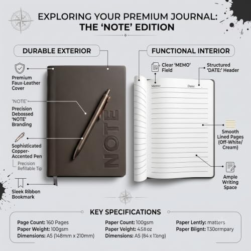 Image of A5 Premium Leatherette Diary Notebook with Metal Pen, Ruled Journal for Office Meetings, Daily Planner, Business Notebook, Writing Journal, Work Organizer, Executive Notebook for Men & Women
