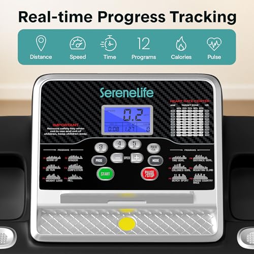 Image of SereneLife Electric Folding Treadmill Exercise Machine - Smart Compact Digital Workout Fitness Trainer w /Bluetooth App Sync, Manual Incline Adjustment, for Walking, Running, Gym