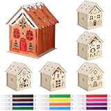Charfia 6 Stück Weihnachtshaus Basteln Kinder, Holz Weihnachtshaus, Bastelset Weihnachten, DIY Miniatur Holzhaus Basteln und Bemalen, Kreatives Bastelset Geschenk für Jungen Mädchen