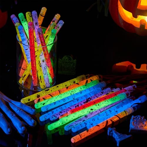Image of JOYIN 30 Pcs Halloween Glow Sticks Bulk Party Pack, Hanging Wands in 8 Design, 6 Color Light Up Stick for Kid Glow in The Dark Halloween Party Favor Supplies, Goodie Bag Filler, Trick or Treating Gift