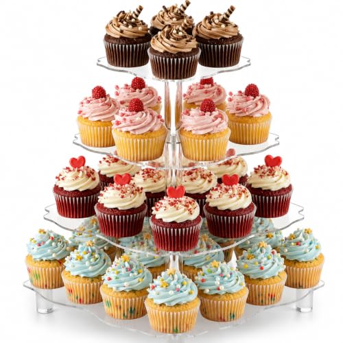 Image of Goaste 4 Tier Acrylic Cupcake Tower Stand, 12 Inch Square Tower Cupcake Display Holder, Clear Dessert Pastry Tower with Rod Feet for 52 Cupcakes, Display for Wedding, Birthday Party, Baby Shower