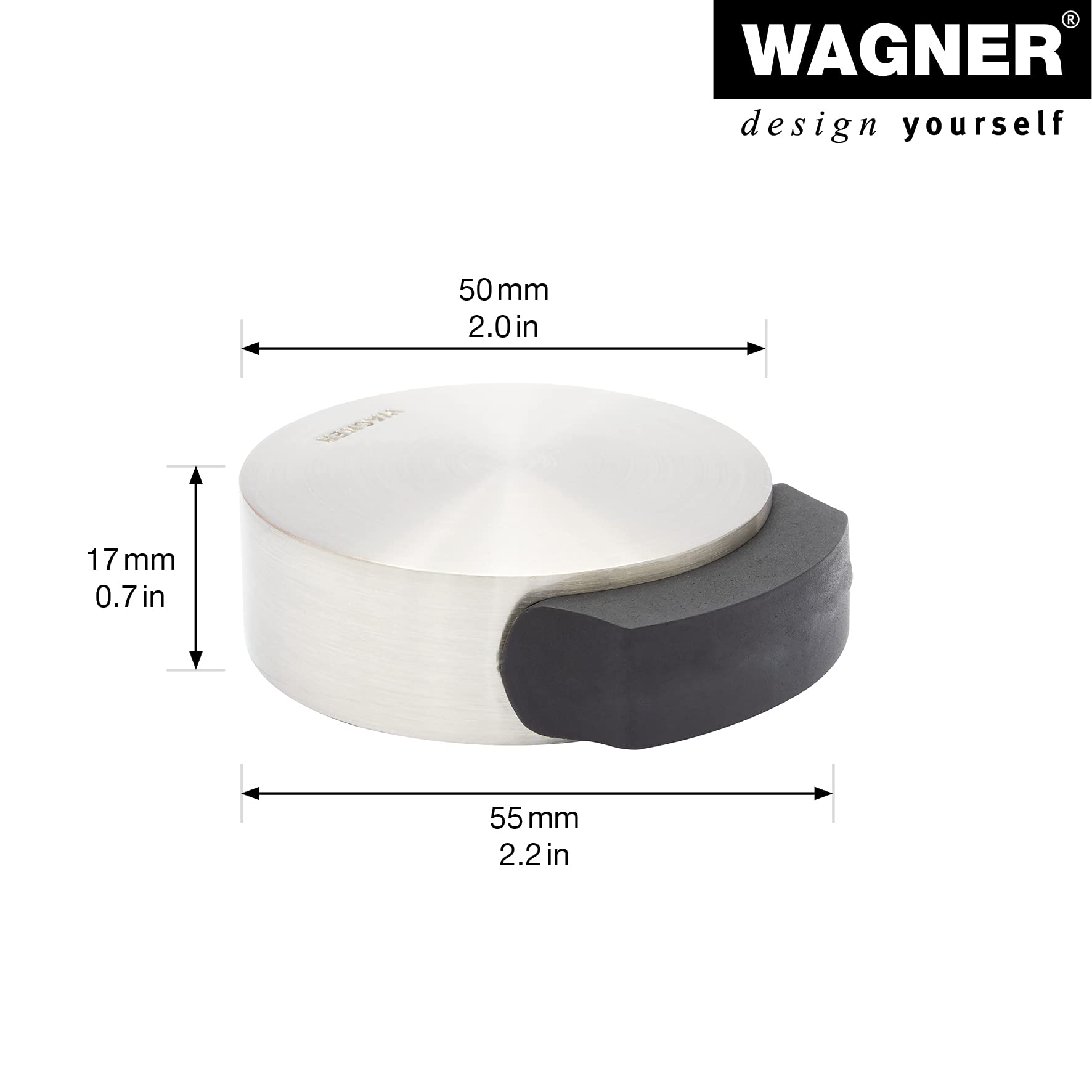 WAGNER Doorstop Screw OR Glue Floor - Ø 1.97 x 2.17 x 0.67 in, Buffer Made of die-cast zinc with Stainless Steel Look + Soft Thermostatic Rubber, to be Screwed or glued on Floors - 15511111