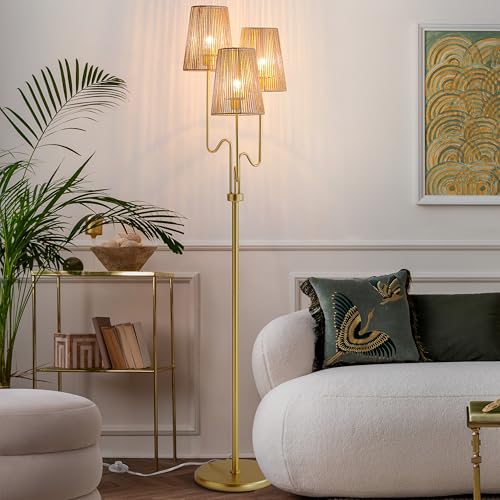 Image of Boho Floor Lamp, 68in. Rattan floor lamp with Natural Woven Shade, Rustic Standing Lamp for Coastal, Beach or Bohemian Style Decor, E26 Socket, On/Off Footswitch Lamp for Living room, Bedroom (Gold)