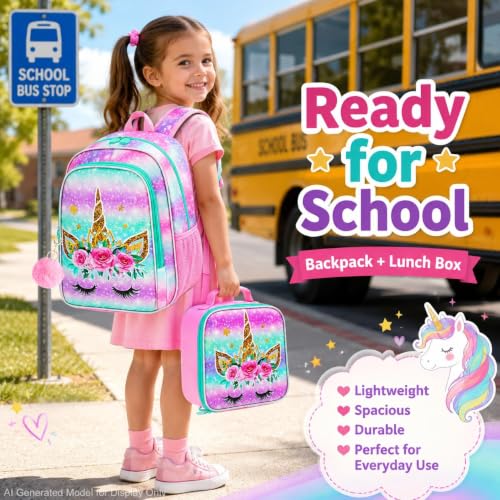 Image of CCJPX 3PCS Unicorn Backpack for Girls, 16 inchKids Bookbag with Lunch Box, Cute Water Resistant Elementary School Bag for Kindergarten Preschool Toddler