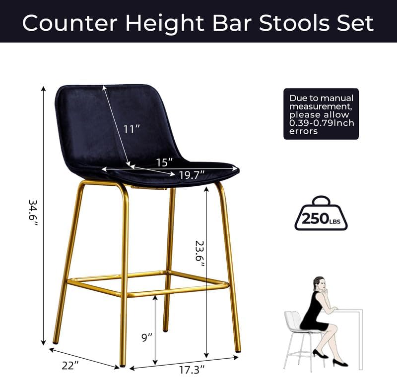 Miniatura 2 de ELIASER Juego de 4 taburetes de bar de terciopelo de 24 pulgadas, color negro, para isla de cocina, comedor, taburetes de bar sin brazos con