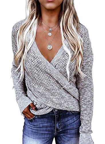 BLENCOT Women's Winter Waffle Knit Shirts V Neck Long Sleeve Oversized Solid Wrap Sweater Tops Blouses Clothing Gray S
