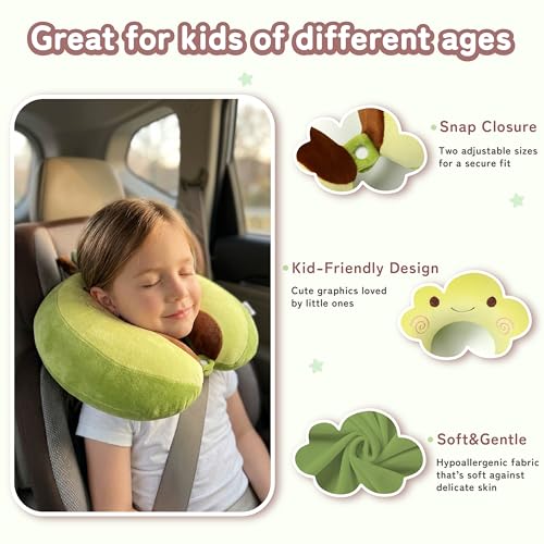 Image of Kids Travel Neck Pillow for Ages 3-8, Memory Foam, Removable Cover, Avocado | Machine washable, 13 in neck size, hidden zipper, 360-degree head and chin support, car seat and airplane use