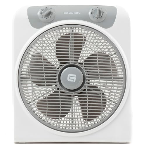Grunkel - Ventilador de suelo potente y ligero - BOX FAN - Circulador de aire con temporizador de 60 minutos y 3 velocidades. Aspas 30cm de diámetro, función oscilación. - 50W (Blanco)