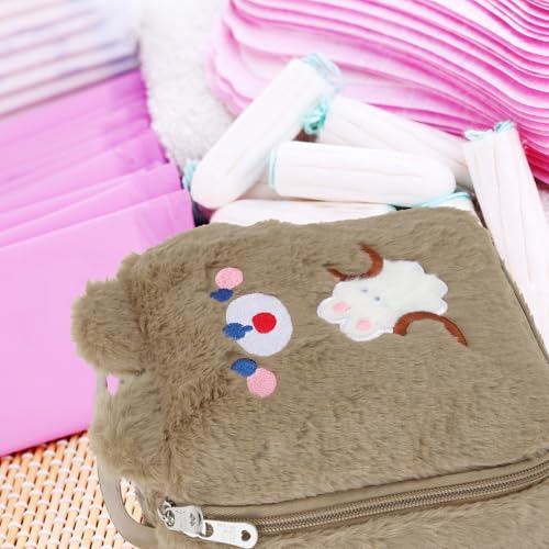 Image of DOITOOL Brown Plush Period Pouch - Large Capacity Cosmetic Bag with Zipper for Menstrual Pad Storage, Compact and Stylish for Girls