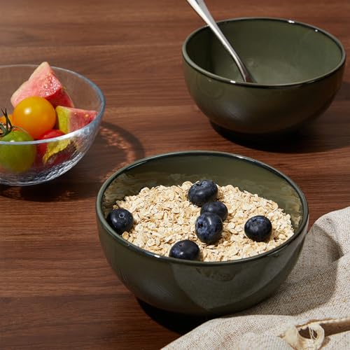 Image of Pokini 5.3 inch Stoneware Cereal Bowls Set of 6, 22 Oz Soup Bowls Set | Reactive Glaze Cereal Bowls Set for Cereal Soup Snacks, Kitchen Bowls for Meal, Dishwasher & Microwave Safe, Blackish Green