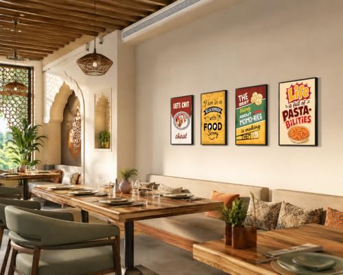 Image of Chaka Chaundh - Restaurant wall decoration items - Cafe quotes wall frames - Restaurants walls frame - Cheesy wall frame poster, Momo wall frame, Food wall frame art. Pasta frame poster wall art. (14X11 inch. Set OF 4 )