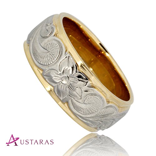 Hawaiian Ring By Austaras - Light Ring For Men - Stainless Steel And 14K Gold Finger Wedding Band Engagement Or Wedding Rings Engraved With Hibiscus Flower Hypoallergenic Jewelry. Size 6.5 #TOP2