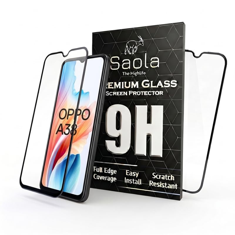 Image of Saola HD Clear Tempered Glass for OPPO A38 | High Strength 9H Protection, Smooth Touch, Full Coverage Screen Guard, 2-Step Installation Kit | Quick & Easy Application (Pack of 2)
