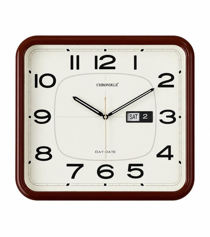 Image of Vintage Antique Designer Wall Clock with Day & Date Display ? 16 x 13.5 Inch Large Analog Wall Clock, Ivory Dial & Brown Plastic Frame, Silent Quartz Decorative Clock for Living Room, Office & Bedroom