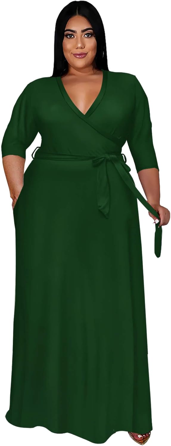 Runwind Plus Size Dress for Women - 3/4 Sleeve V Neck Maxi Dresses for Women (XL-6XL)