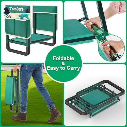 Image of TomCare Garden Kneeler and Seat 11.14 inch Wider Larger Soft Kneeling Pad Garden Bench with 2 Large Tools Pouches Heavy Duty Foldable Garden Stool Gardening Gifts for Women Men Gardeners Seniors, Green