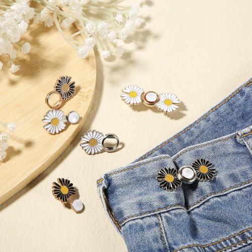 Image of || Set of 2 || Flower Instant Jean Button Pins, Removable Adjustable Pant Waistband Tightener, No-Sew Metal Buttons for Loose Jeans, Easy Clip-On Denim, Skirts &Trousers,Fashion Accessory for Women.