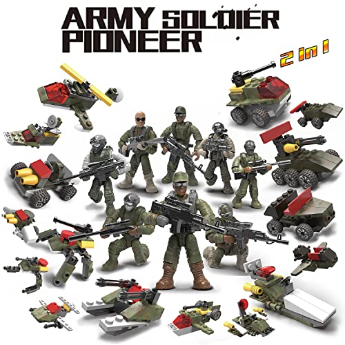 Meiest 8 Pcs Army Soldier Pioneer Mini Military Action Figures With Weapons And Vehicles, 2 In 1 War Army Vehicle Model Building Block Toys,Party Favors Set For Kids #TOP25