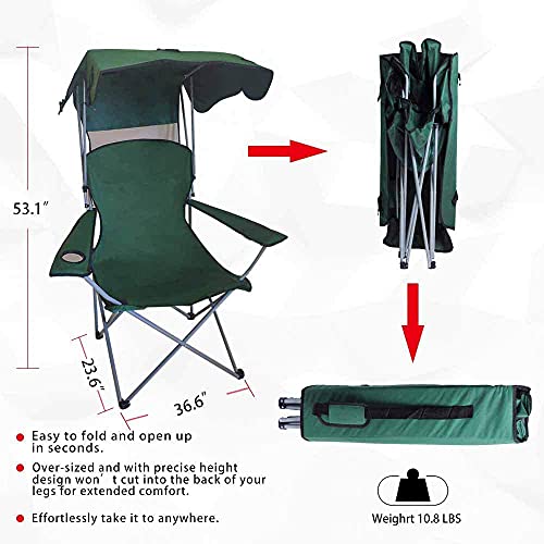 Portable Camping Chair Beach Chair With Canopy Shade Folding Lightweight Portable Fishing Chairs With Cup Holder For Adults Outdoor Events For Support 400Lbs Green #TOP4