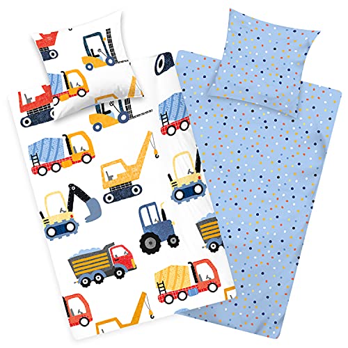 Aminata kids - Bagger Bettwäsche 135x200 2teilig - Kinderbettwäsche 135x200 Jungen Baustelle Wendebettwäsche-Set mit Baufahrzeugen