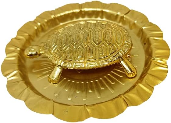 Feng Shui Tortoise Brass Turtle with Plate for Vastu Pooja/Puja Yantra Good Luck Living Positivity, Wealth, Money, Good Luck & Longevity Golden Metal (3 inch) Approx Best Career Gift