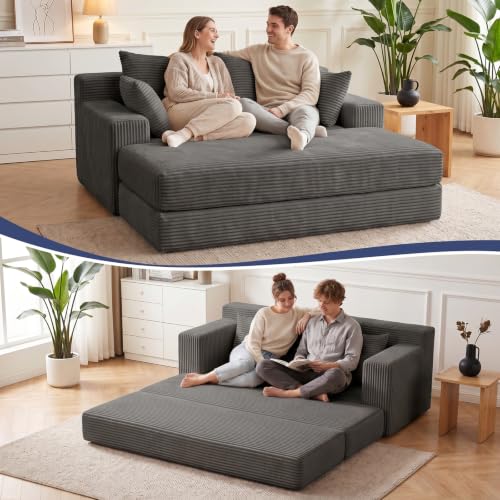 Convertible Sofa Bed with Ottoman, Small Boneless Loveseat Couch, Grey