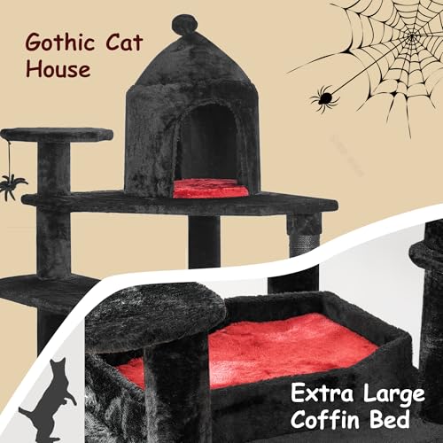BEWISHOME Gothic Cat Tree with Coffin Bed Cat Tower for Indoor with Spacious Condo, Sisal Scratching Ramp, Cozy Basket Black Pet House Halloween Pet Furniture Activities Center MMJ92R