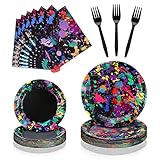 Baderke 192 Pcs Neon Glow Party Supplies Tableware Set, Including Napkins, Forks, Plates, Neon Birthday Party Decorations, Serves 48 Guests