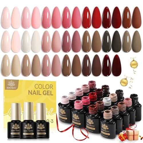Born Pretty Nude Pink Gel Nail Polish Set 23PCS Skin Tones Neutral Brown Burgundy Red Gel Polish with Base Gel Glossy & Matte Top Coat Gel Polish Kit for Salon Manicure and Nail Art DIY at Home