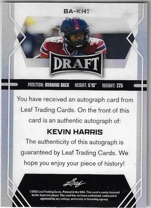 Kevin Harris XRC Autographed Leaf Rookie Card Auto Collectible Football Card - 2022 Leaf Draft Football Card #BA-KH1 (Patriots)