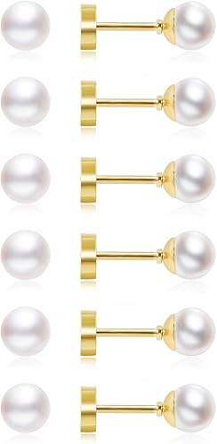Delicados aretes de perlas con parte trasera plana para mujer, 6 pares de aretes de perlas con parte trasera plana en oro de 14 quilates, plata de 3