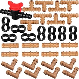 33 Pack Drip Irrigation Fittings Kit for 1/2″ Tubing – 1 Switch Valve, 8 Tees, 8 Couplings, 8 Elbows and 8 End Cap Plugs Barbed Connectors for Drip Sprinkler Systems, Garden, Patio, Lawn