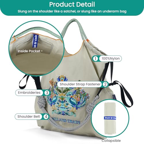 Image of Ball&Chain Shoulder Tote Bag for Women, Nylon Top-Handle, Foldable Weekend Handbag with Pockets (Light Grey, Medium)