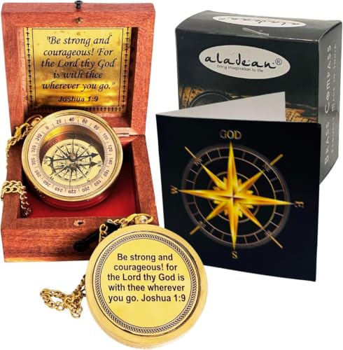 Brújula de Bolsillo Cristiana con Versículo Bíblico Josué 1:9, Bronce Vintage con Cadena y Estuche Grabado, Regalo Religioso para Viajeros y Graduados