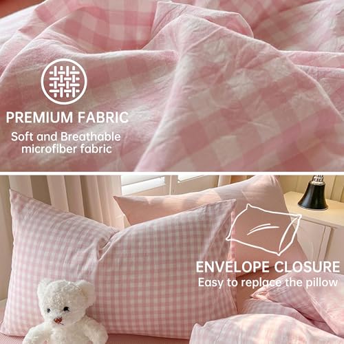 Image of BOLINLIVING Gingham Duvet Cover Twin Size, 2PCS Pink White Checkered Plaid Duvet Cover Set, Microfiber Bedding Set for All Season with Zipper Closure and Corner Ties