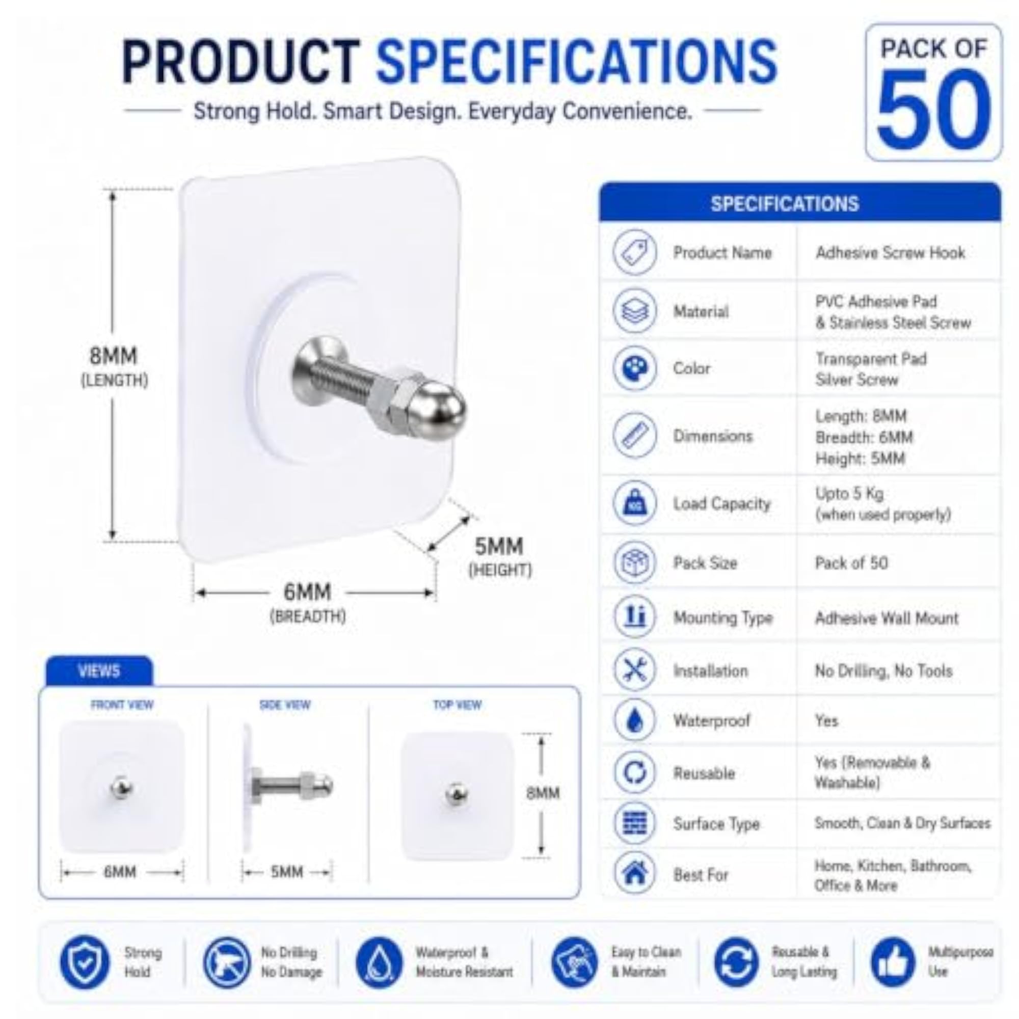 Self Adhesive Screw Hooks for Hanging, Pack of 50
