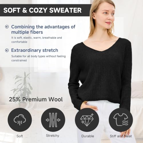 Image of Simple&Opulence Women's Long Sleeve V-Neck Sweater Off-Shoulder Light Cropped Sweaters for Women Wool Sweater S-XL