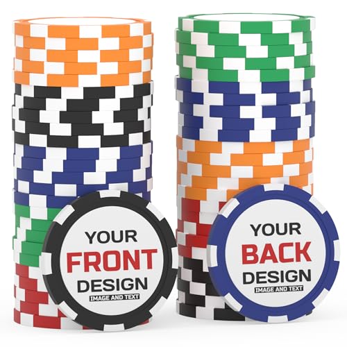 BEQXUNIC 25-500 Personalized Clay Poker Chips 1.57in / 11.5g Custom Logo Photo or Design Good for Drink Tokens Parties Businesses or Corporate Events