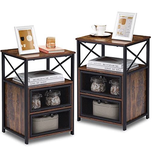 Image of VECELO Nightstand Set of 2, End Table with Flip Drawer, Modern Night Stand for Bedroom,Living Room, Office, Easy Assembly, Light Brown