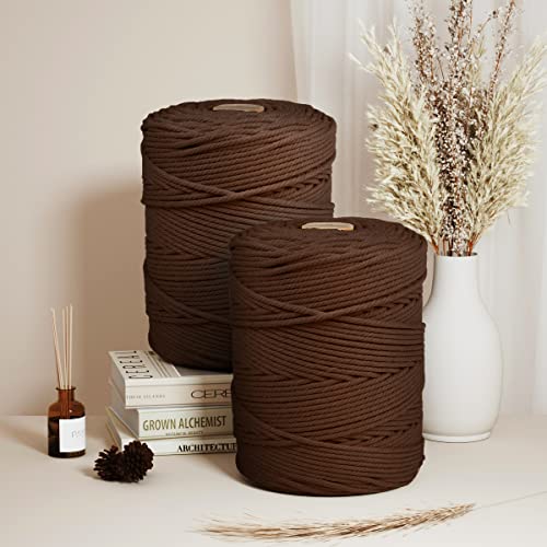 Image of ZUEXT Macrame Cord, Brown, 5mm x 328yds Cotton String Macrame Yarn | Natural Handmade, 4 Strands Twisted Cotton Rope, for Craft Wall Hanging Weaving Tapestry Dream Catchers Hanger DIY Gift, 300m