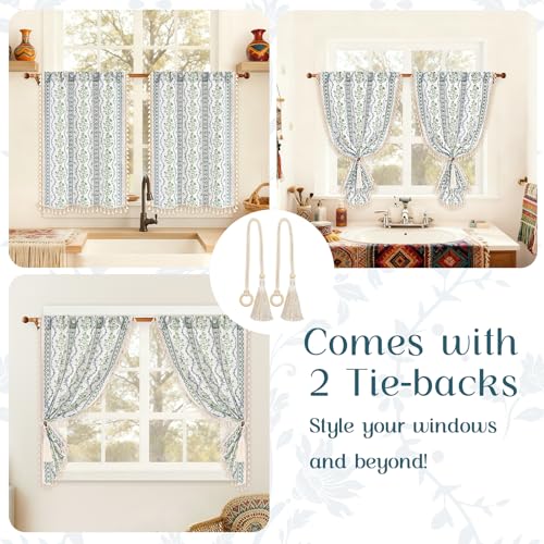 Image of Yinhua Boho Kitchen Curtains 36 Inch Length Vintage Linen Cafe Curtains Light Filtering Bohemian Floral Tier Rod Pocket Farmhouse Rustic Tassel Small Drapes with Tiebacks, 2 Panels, Blue Green Floral