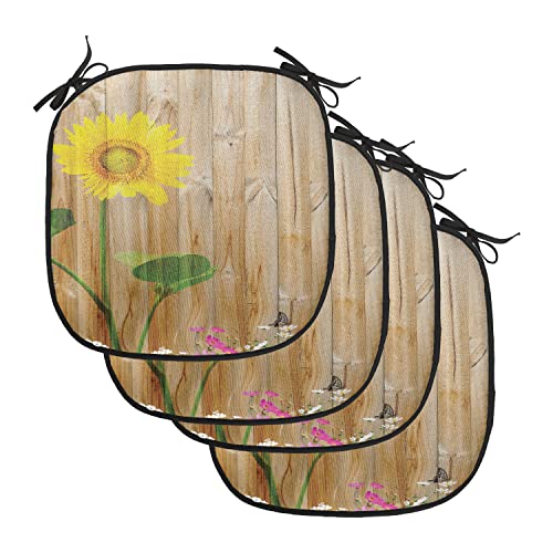 Lunarable Sunflower Chair Cushion Pads Set of 4, Sunflower Painting on Wooden Background Timber Countryside Theme, Anti-Slip Seat Padding for Kitchen & Patio, 16