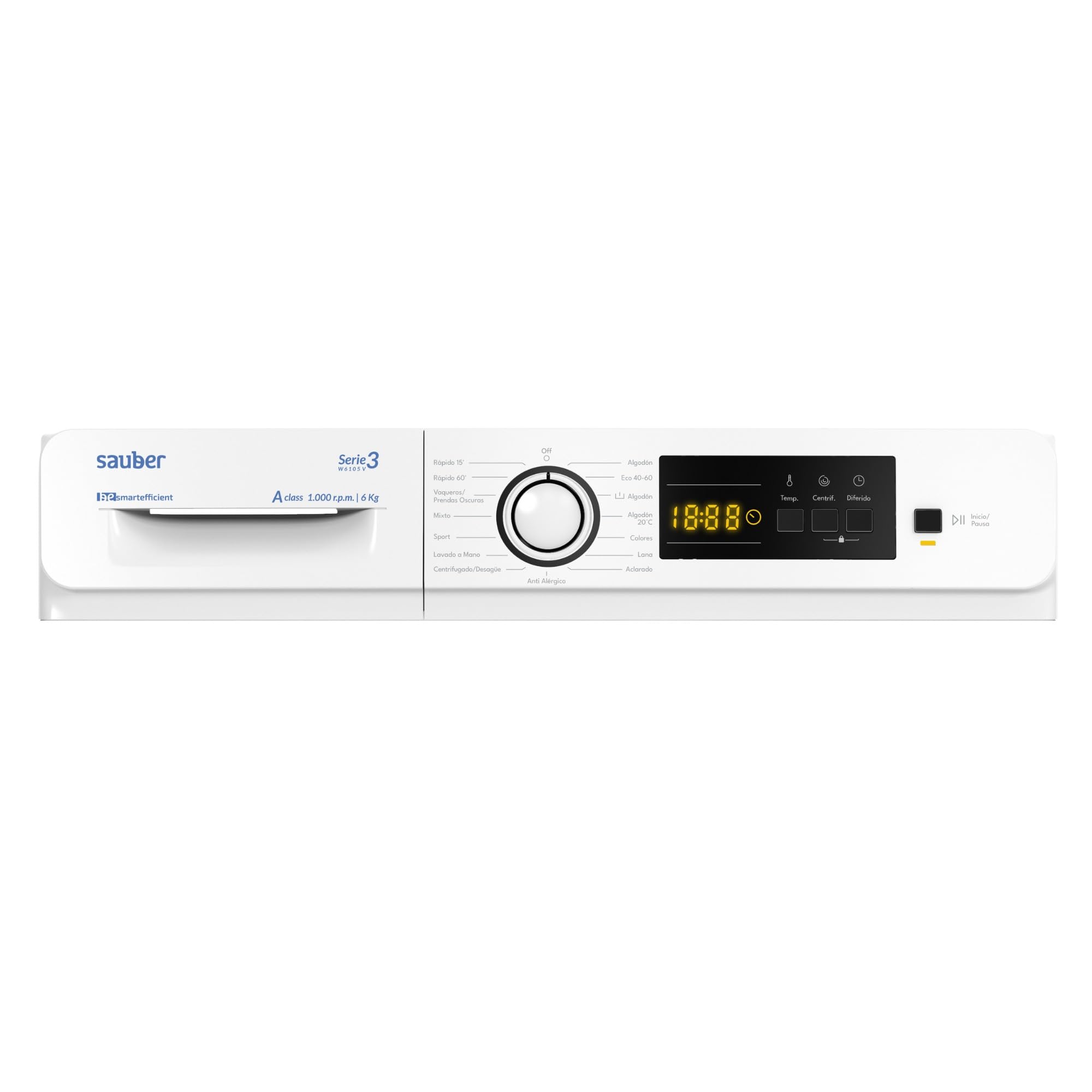 Sauber, Lavadora 6 Kg de carga frontal SERIE 3-W6105V, 1000 RPM, A, Programa Extra Rápido 15 minutos, 15 Programas, Detección de carga, Bajo Consumo, Color Blanco, CON INSTALACIÓN Y RETIRADA USADA