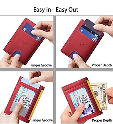 Image of Contacts Genuine Leather Slim Wallet | RFID Blocking Skinny Minimal Thin Front Pocket Wallet Sleeve Card Holder for Men | Up to 7 Card Slots Including 1 ID Window (Red)